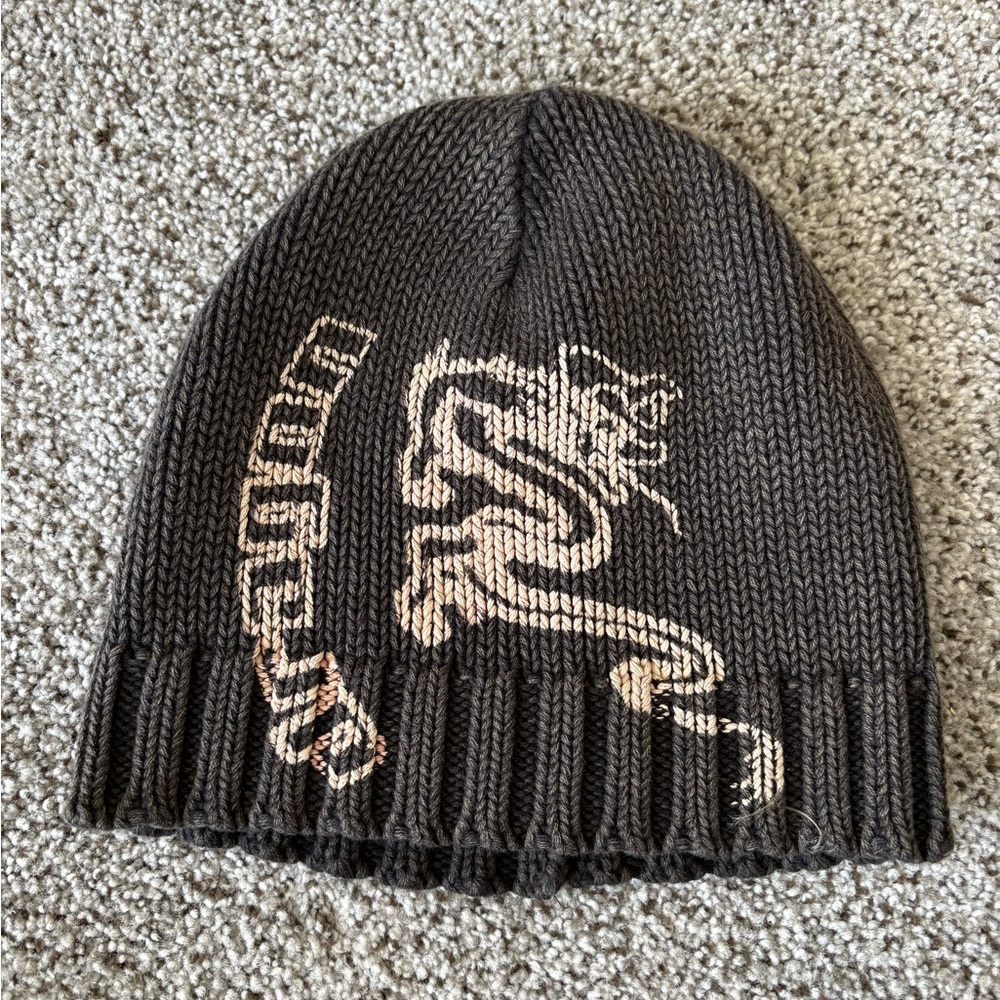 Vtg Y2K 100% cotton Brown Knit Beanie with Dragon Design